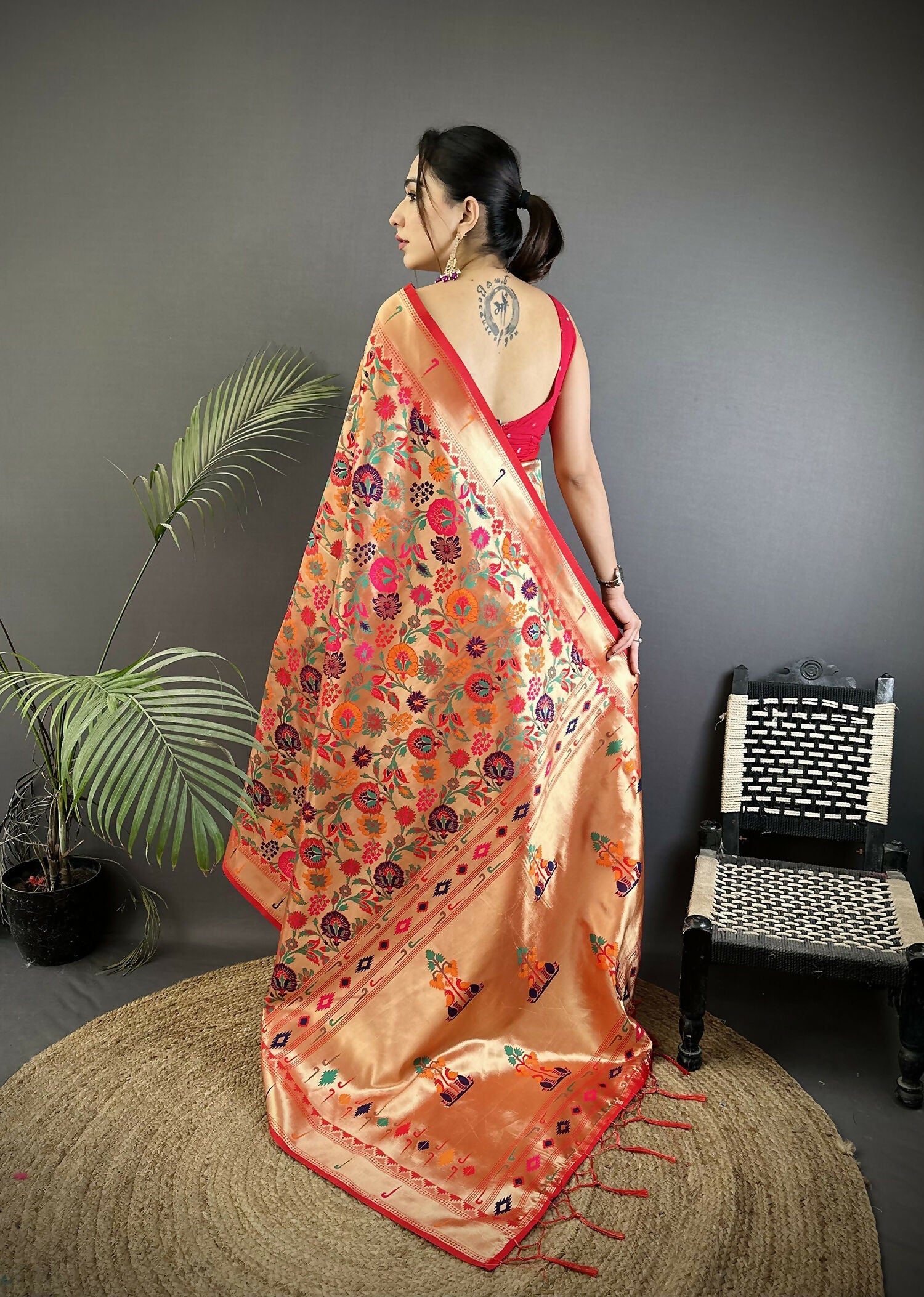 Joban Fashion Orange Floral & Potentially Peacock Soft Silk Paithani Saree