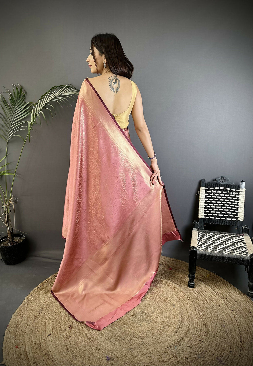 Joban Fashion Dusty Pink Floral Motifs & Ethnic Design Soft Satin Silk Kanchipuram Saree