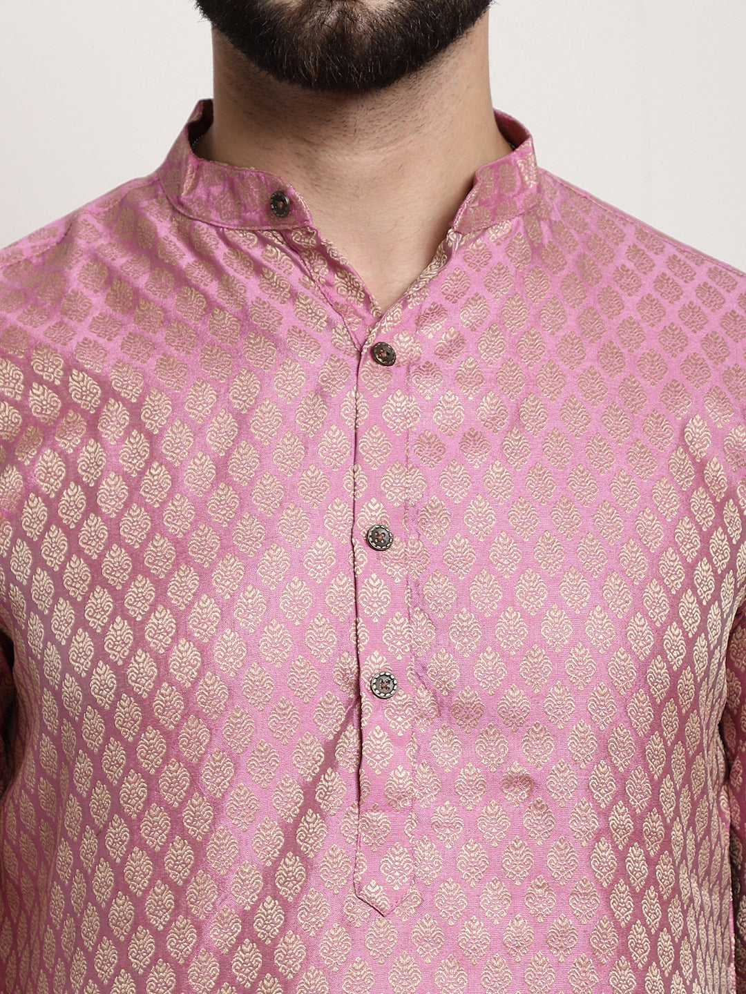 Sojanya Men Pink & Beige Ethnic Motifs Jacquard Woven Design Straight Kurta