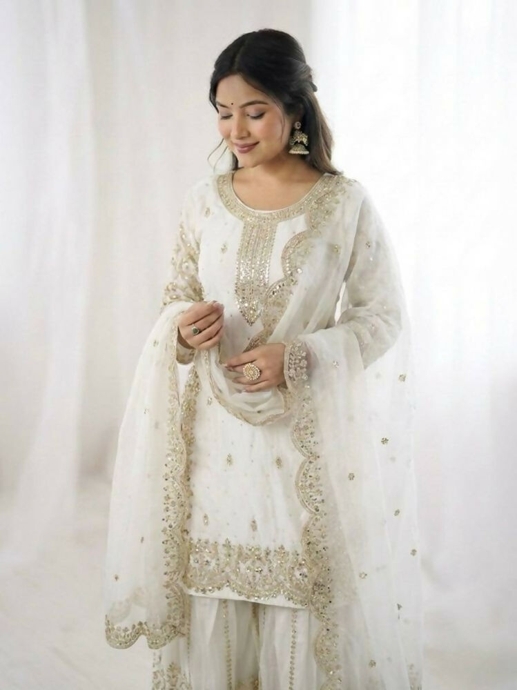 Teeya Creation White Color Fendy Silk Embroidery Work Wedding Wear Salwar Suit