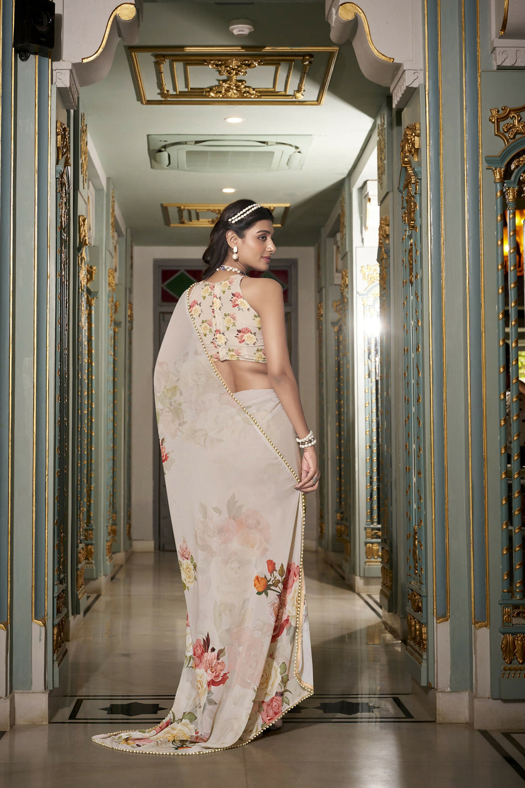 Vastranavya Off White Spectacular Georgette Printed with Pearl Lace Saree with Unstitched Blouse