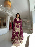 Teeya Creation Wine Pure Silk Gimmy Silk Heavy Embroidery Work Wedding Wear Palazzo Pair