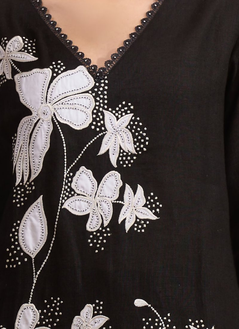 Joban Fashion Black Linen Embroidered Readymade Long Kurta With Pant