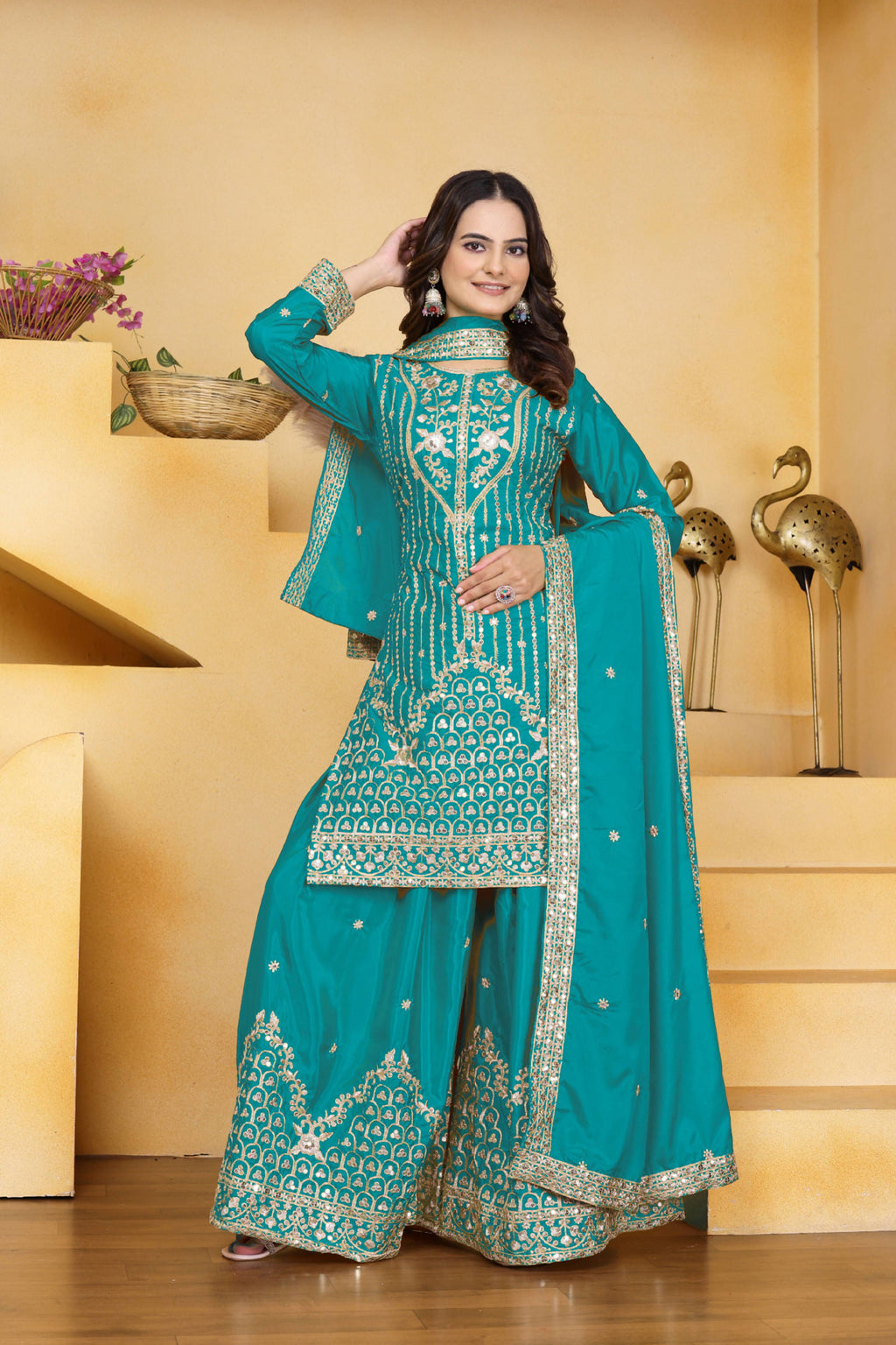 Lehenga Mart Designer Sharara Suit With Kurta, Sharara, Dupatta For Women-Teal