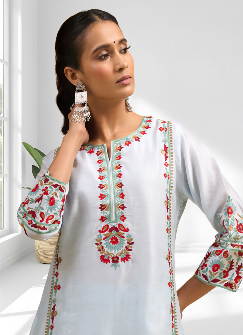 Joban Fashion Sky Blue Silk Embroidered Readymade Long Kurta With Pant