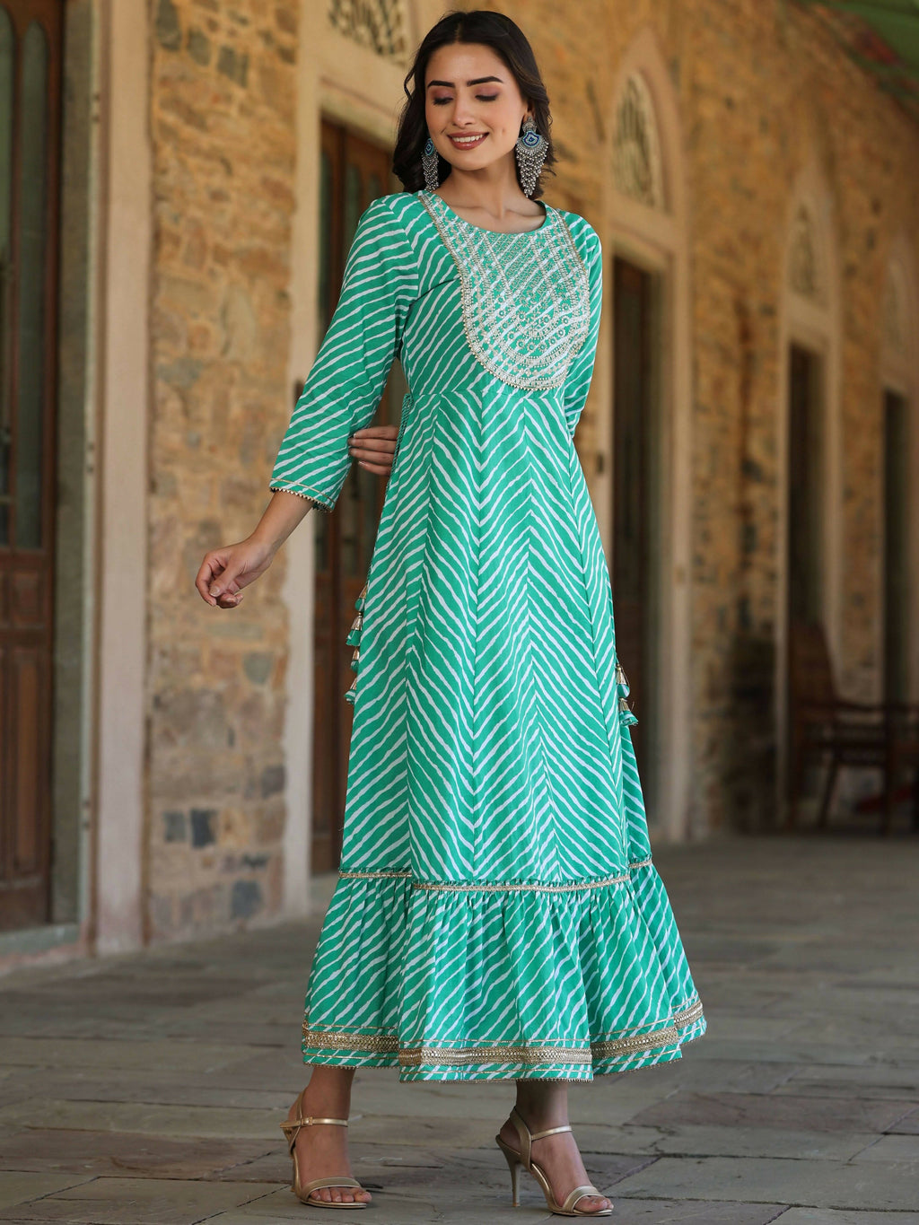 Juniper Women's Green Printed Embroidered Mirror Work Sequin Cotton Flared Dress