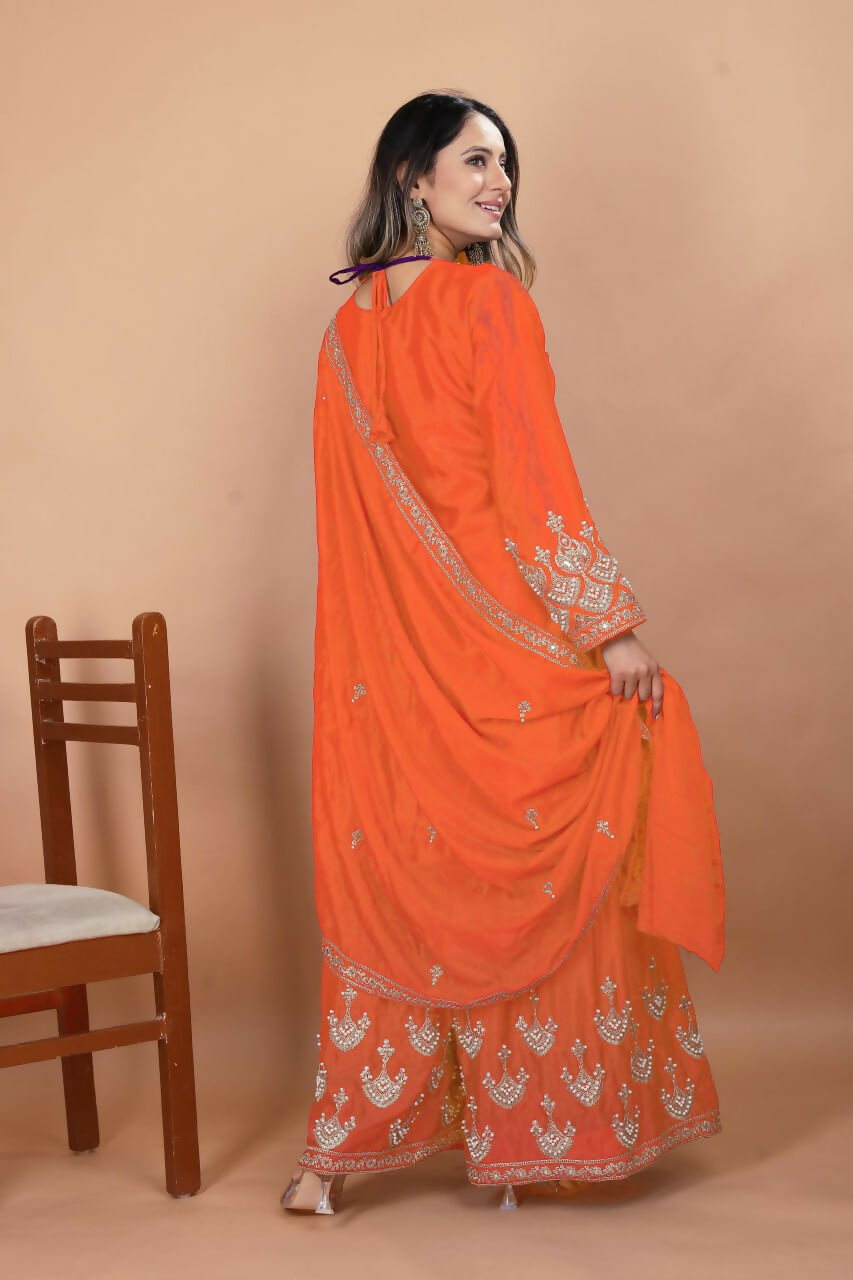 Joban Fashion Orange Silk Embroidered Sharara Set