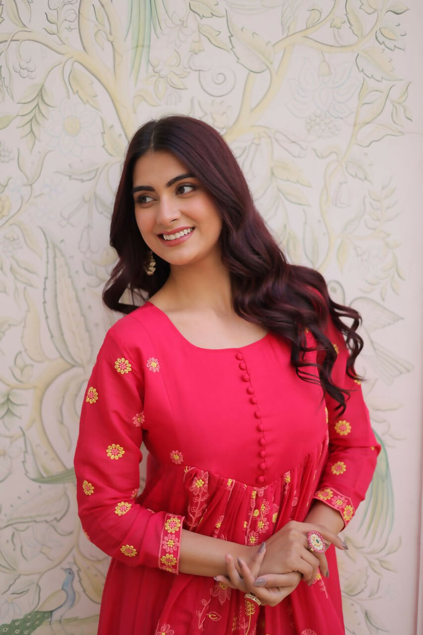 Teeya Creation Womens New Fancy Mul Chanderi With Embroidered Work Gown Set