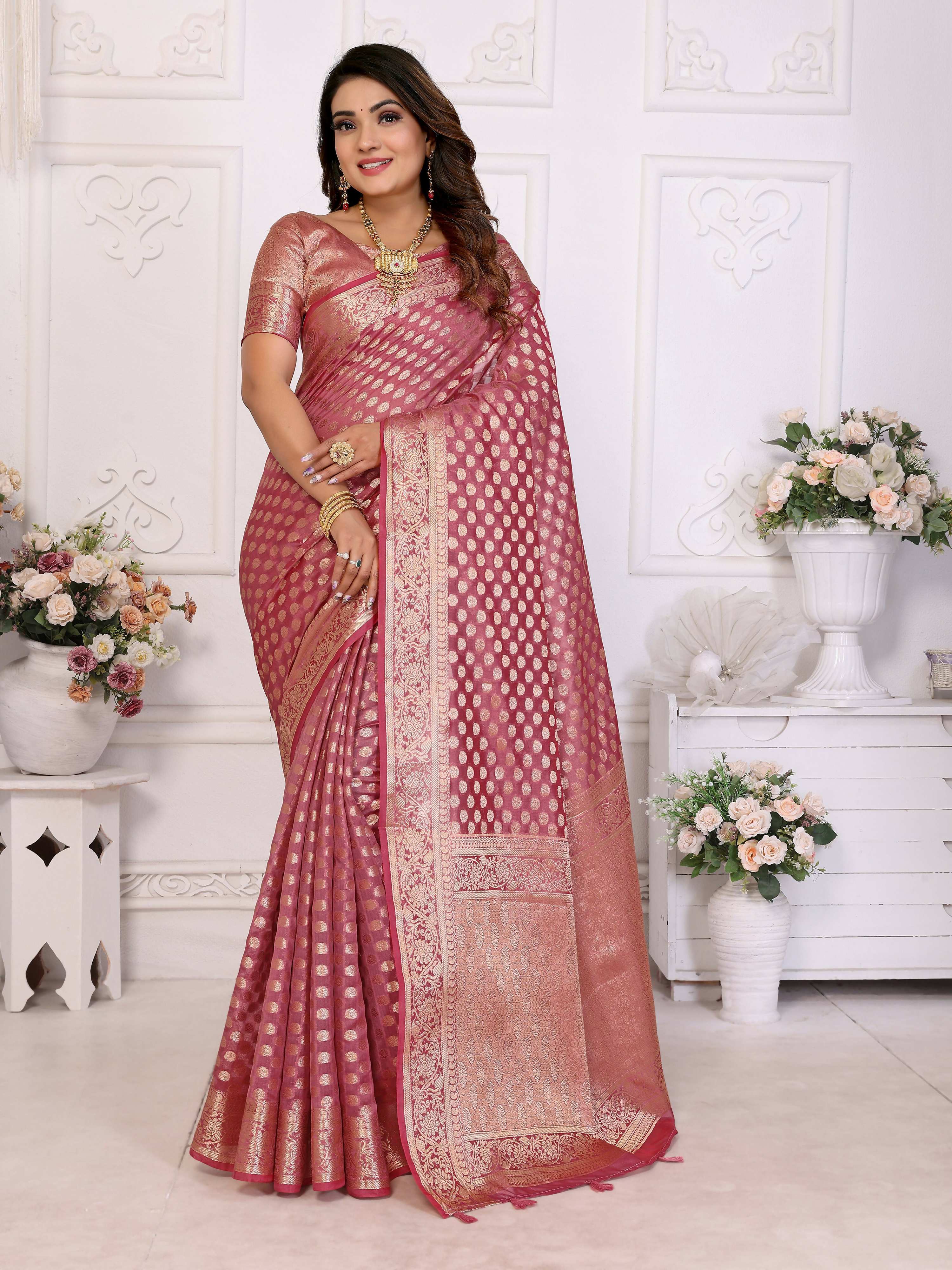 Aastha Fashion Light Pink Organza Silk Weaving Saree