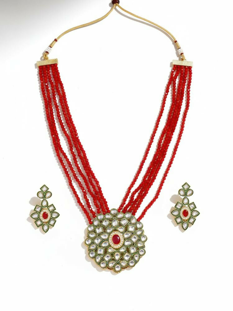 NVR Women Gold Plated Red Kundan Jewellery Set