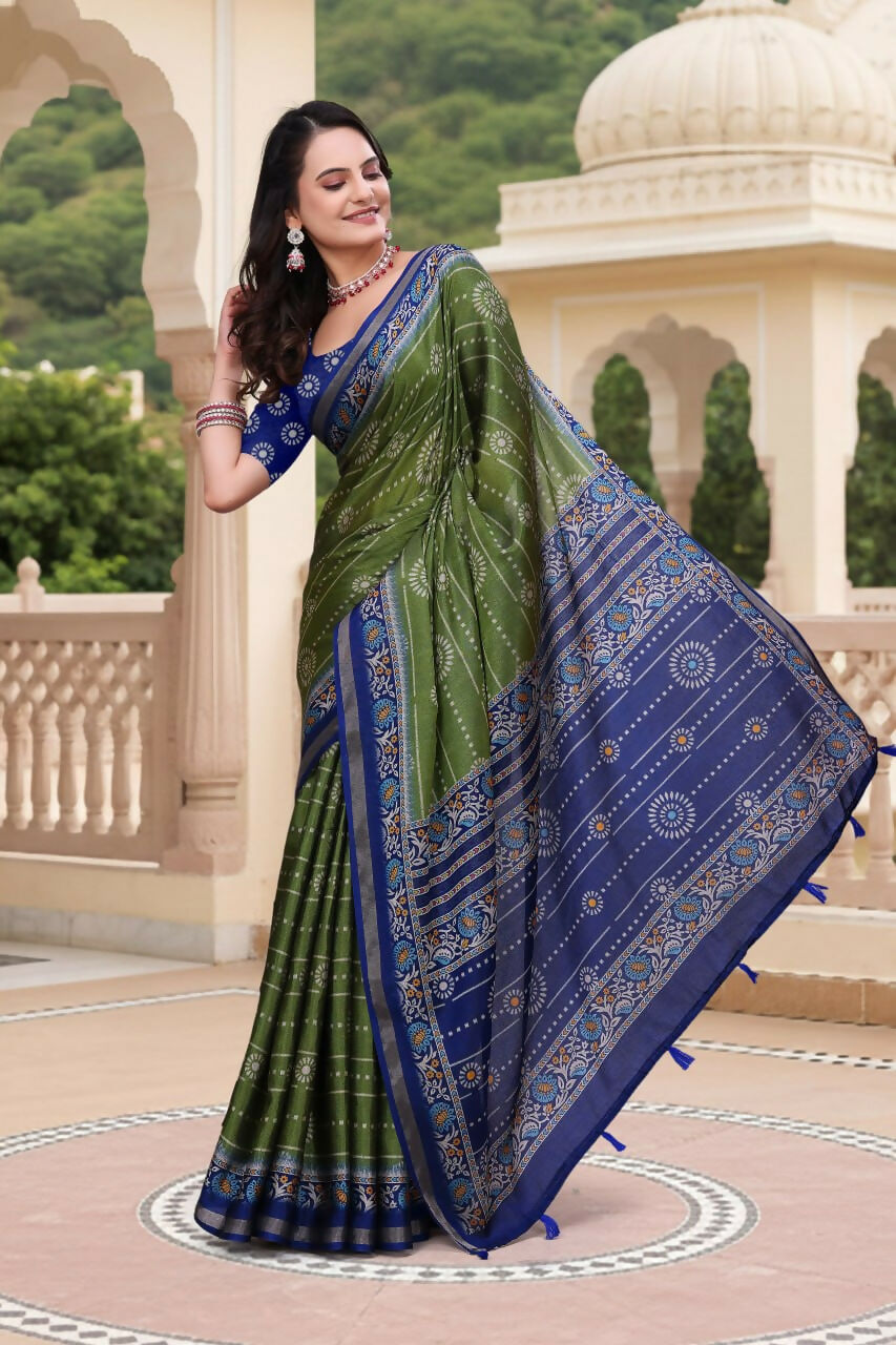 Prime Volt Women's Green & Blue Printed Mal Cotton Saree with Designer Blouse Piece