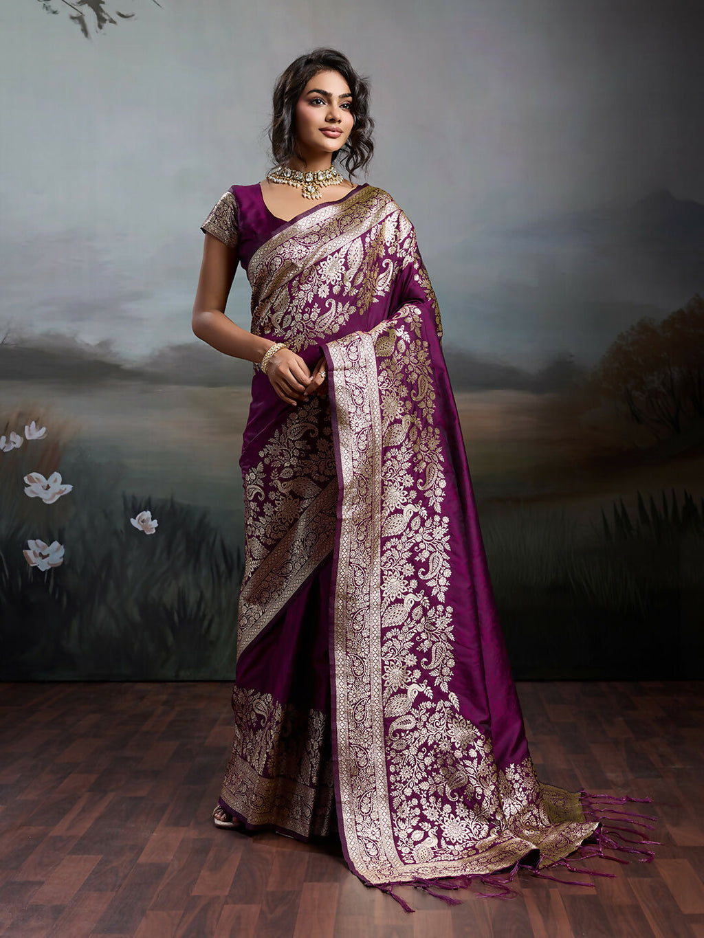 Shree Shyam Fashion Wine Silk Blend Saree