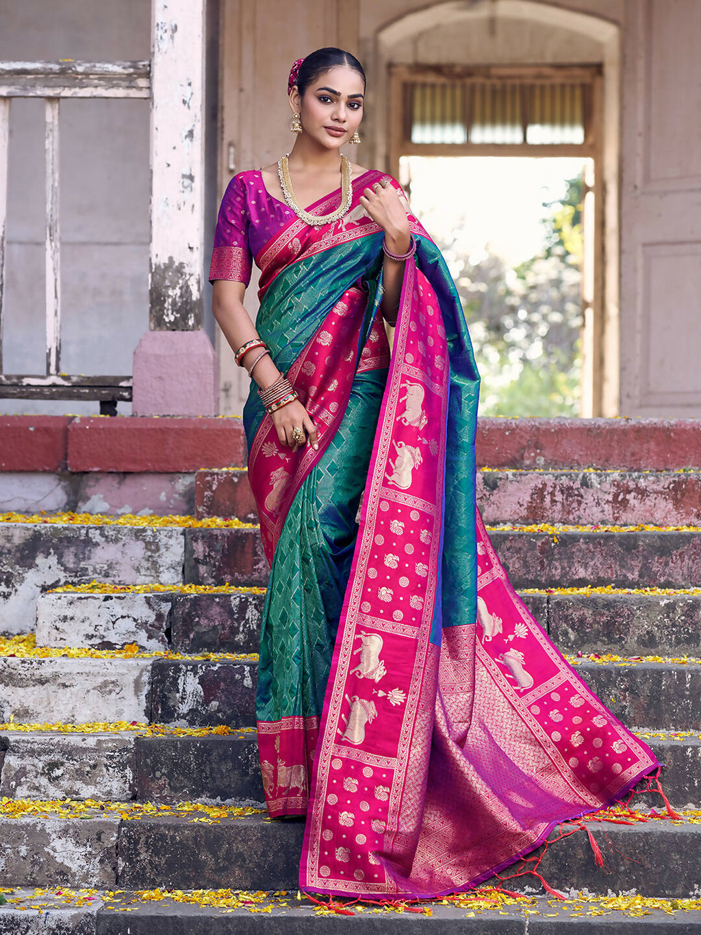 Shree Shyam Fashion Teal Soft Silk Saree
