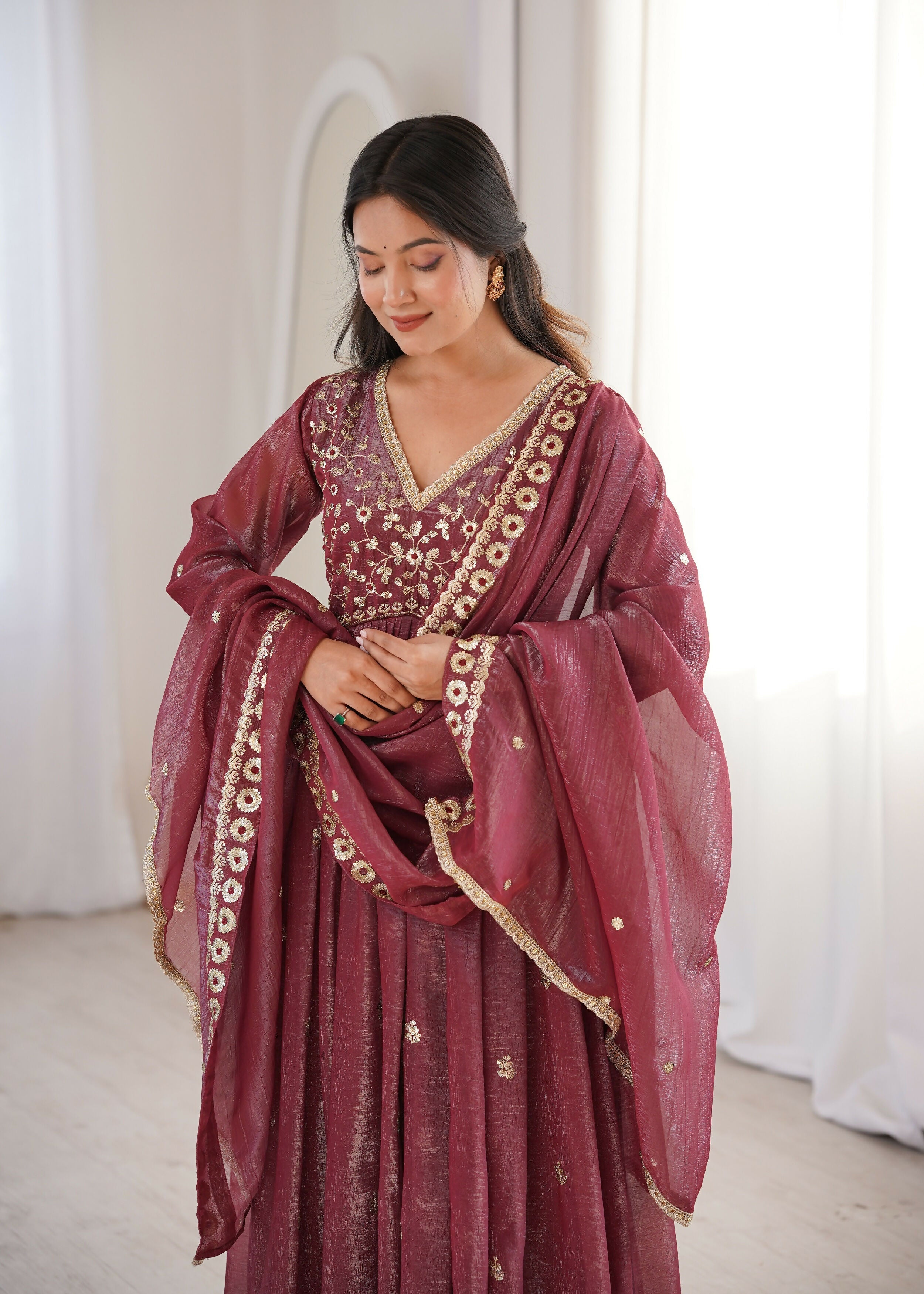 Teeya Creation Brown Crunchy Silk Wedding Wear Embroidery Work Design Gown
