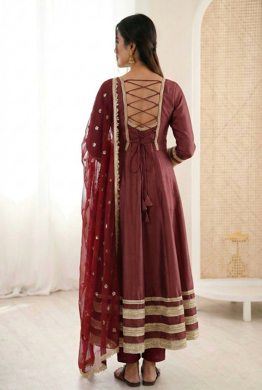 Teeya Creation Maroon Cosmos Gold Lace Work Party Wear Gown