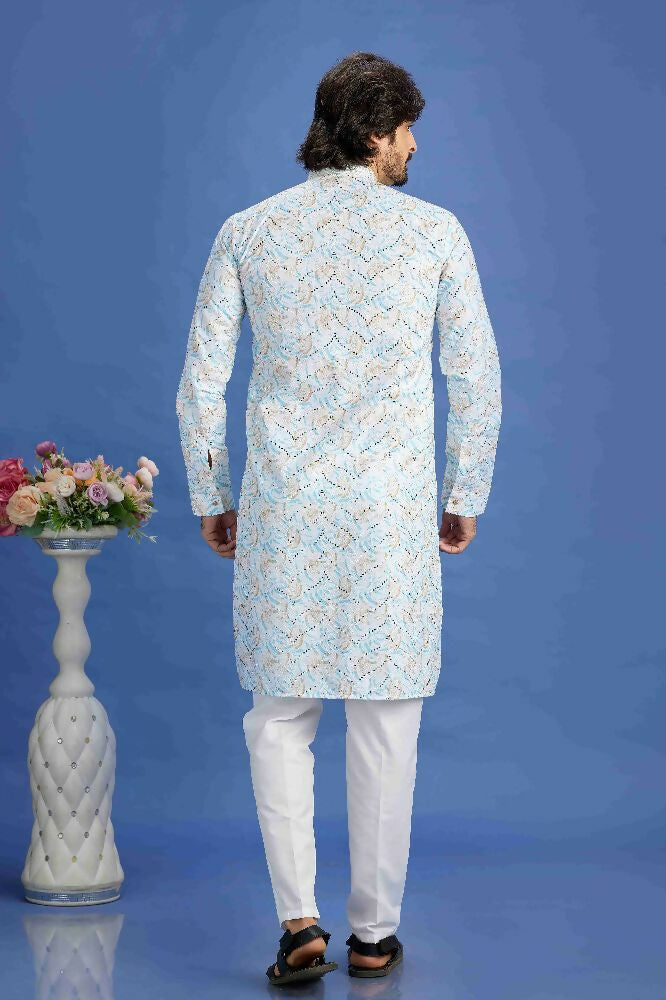Raivat Ethnic Cotton Embroidery Kurta Pajama In Sky Blue Colour