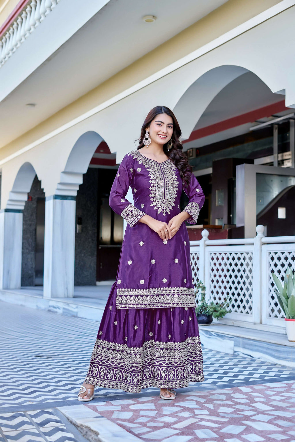 Teeya Creation Wine Color Chinon Silk Heavy Embroidery Work Wedding Wear Sharara