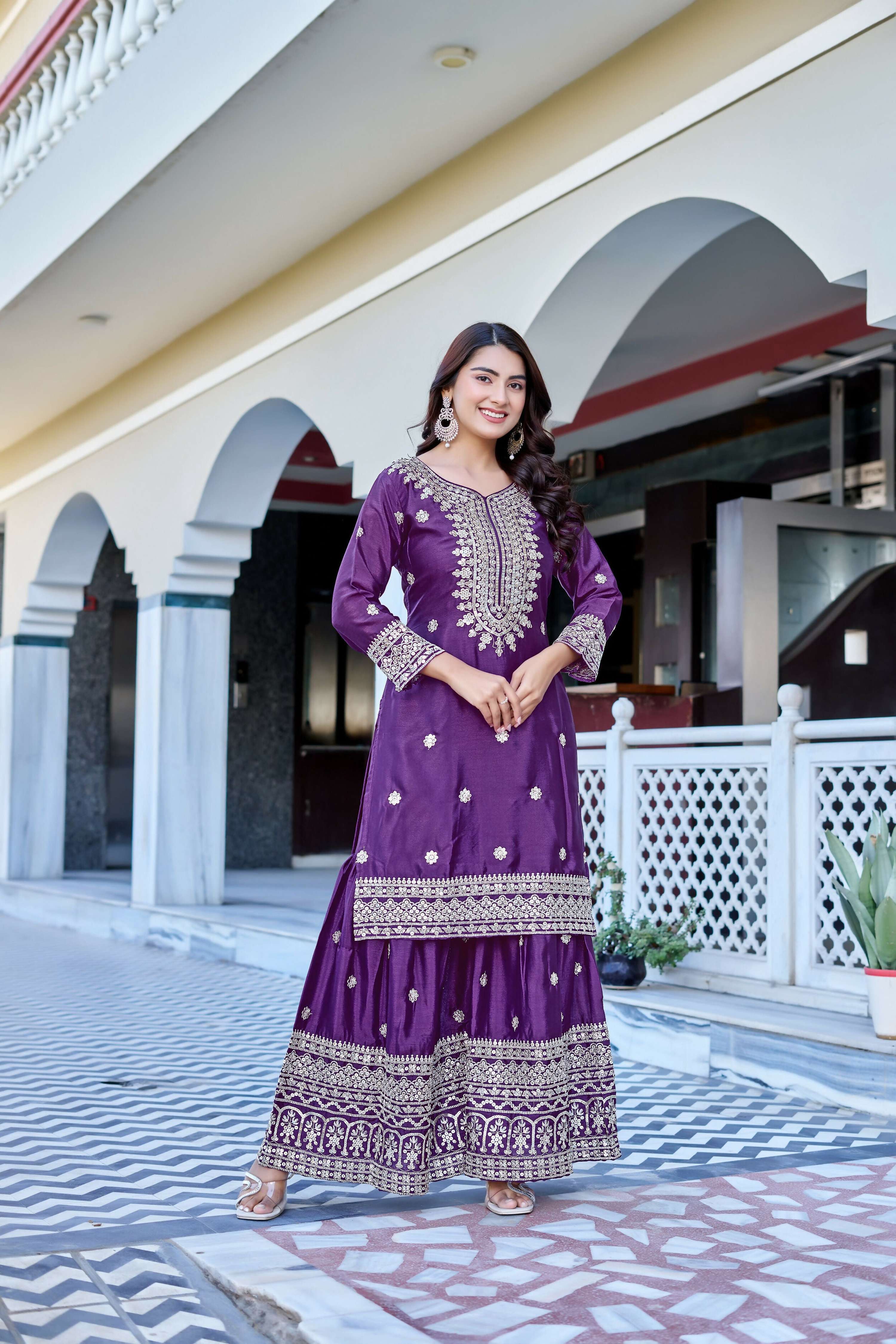 Teeya Creation Wine Color Chinon Silk Heavy Embroidery Work Wedding Wear Sharara