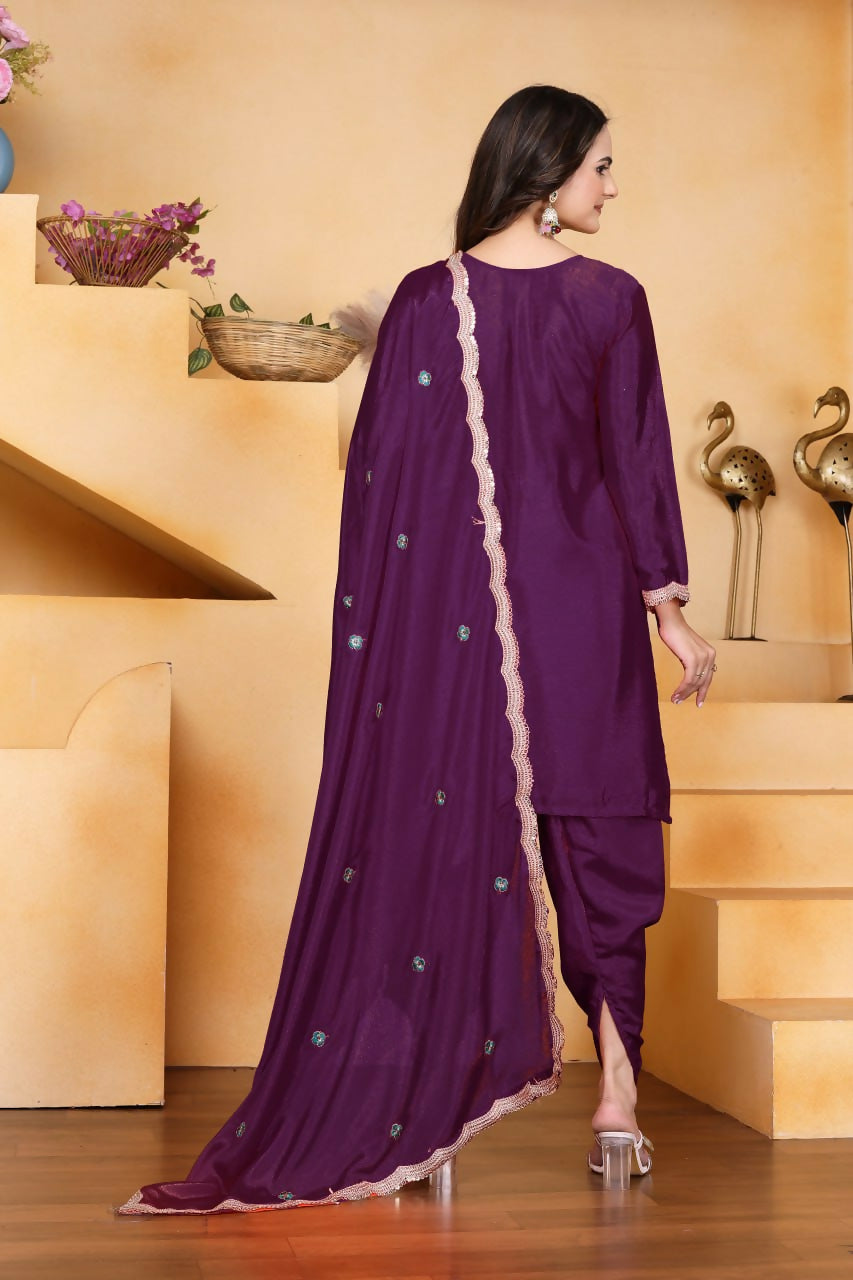 Teeya Creation Wine Color Chinon Silk Party Wear Punjabi Dhoti Suit