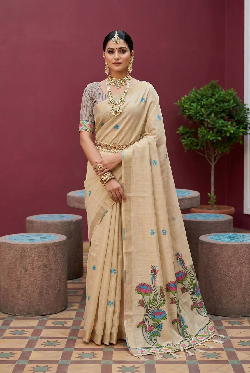 Vastranavya Cream Muga Cotton Meenakari & Azarakh Pallu Saree with Contrast Blouse