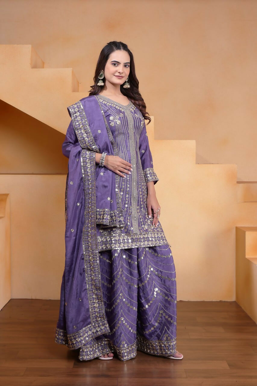 Joban Fashion Purple Silk Embroidered Sharara Set