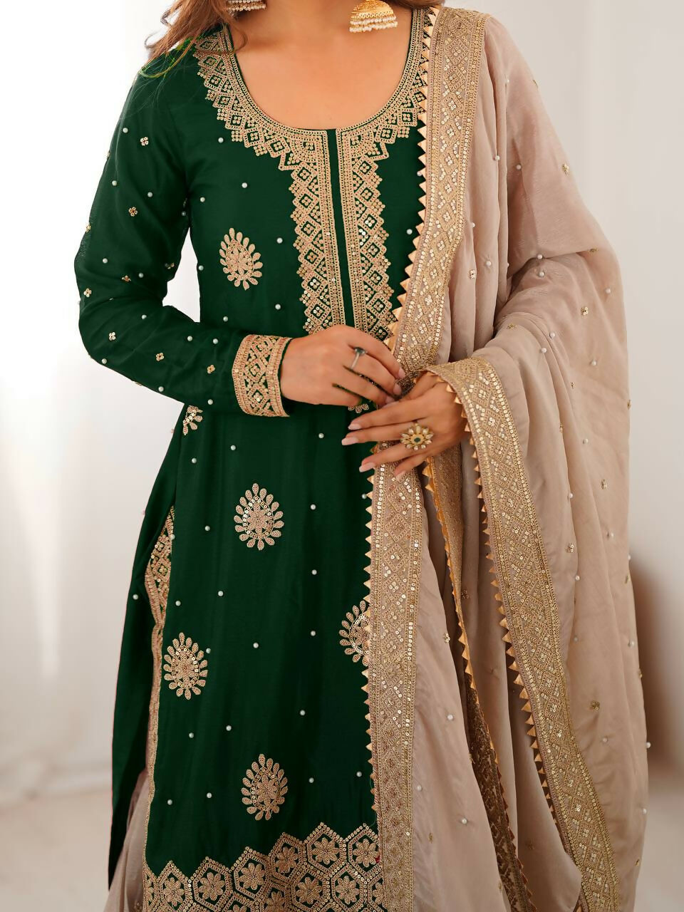 Lehenga Mart Designer Sharara Suit With Kurta, Sharara, Dupatta For Women-Green