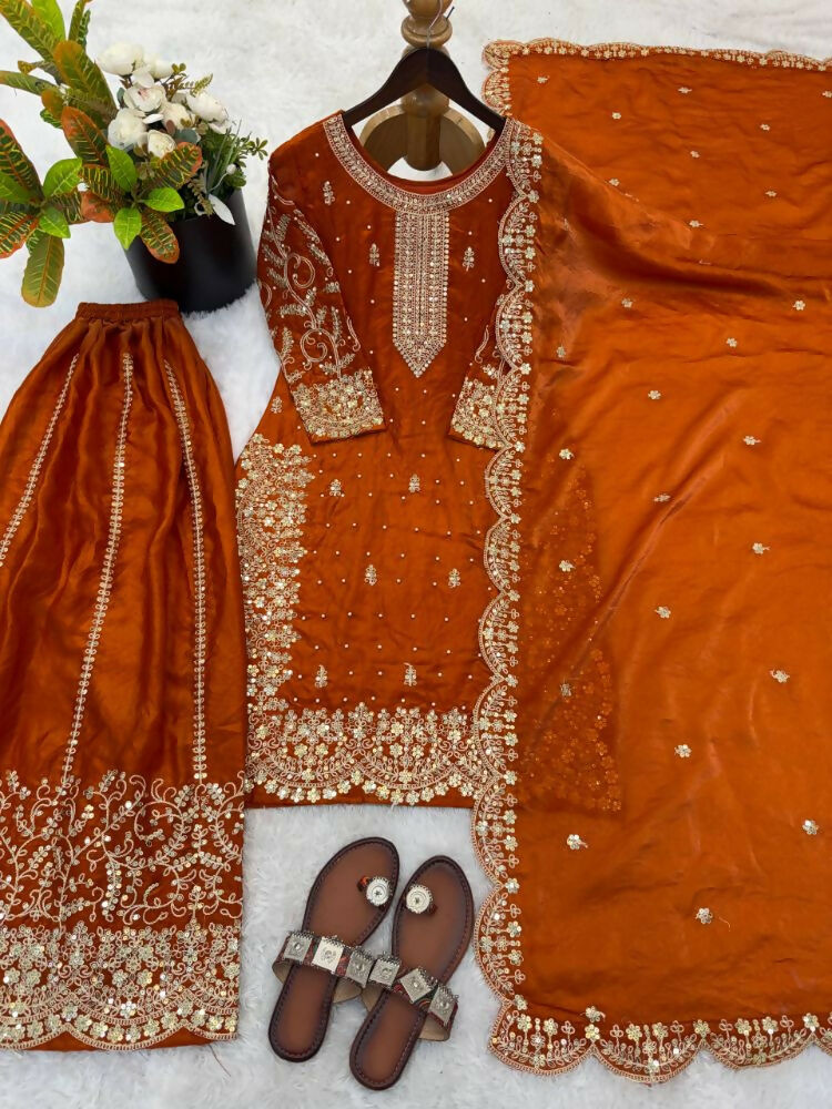 Teeya Creation Orange Color Fendy Silk Embroidery Work Wedding Wear Salwar Suit