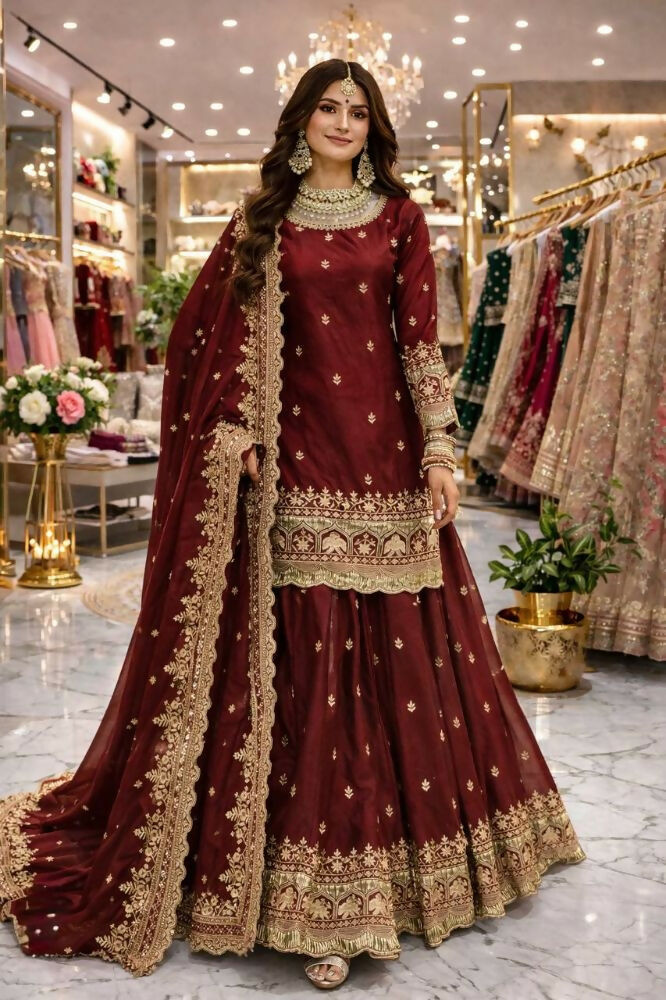 Teeya Creation Maroon Color Fendy Satin Heavy Embroidery Work Wedding Wear Stitched Lehenga Choli