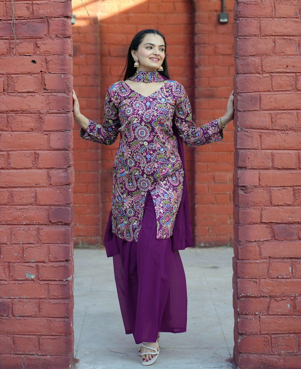 Teeya Creation Wine Color Tapeta Silk Embroidery Work Party Wear Palazzo Set