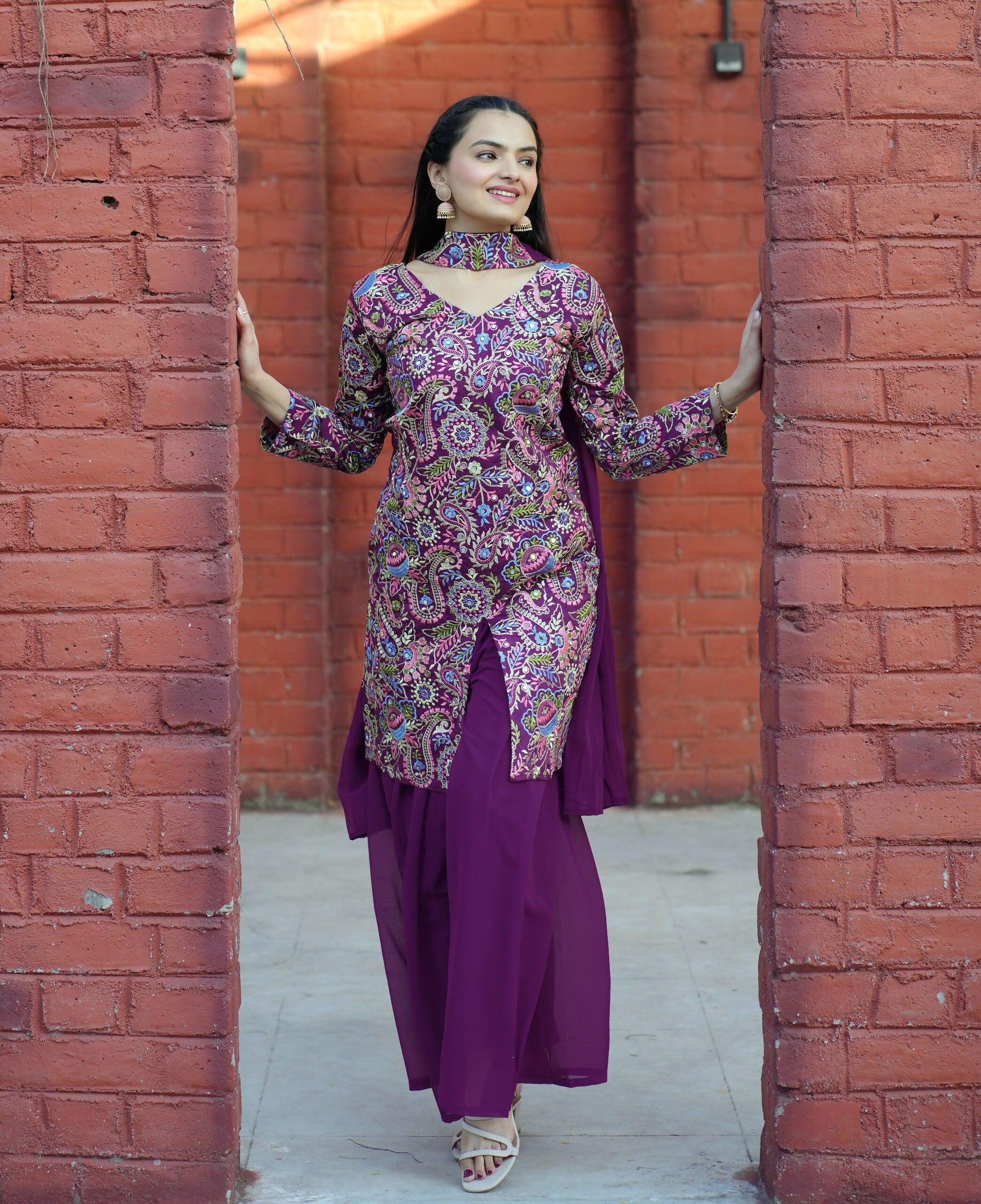Teeya Creation Wine Color Tapeta Silk Embroidery Work Party Wear Palazzo Set
