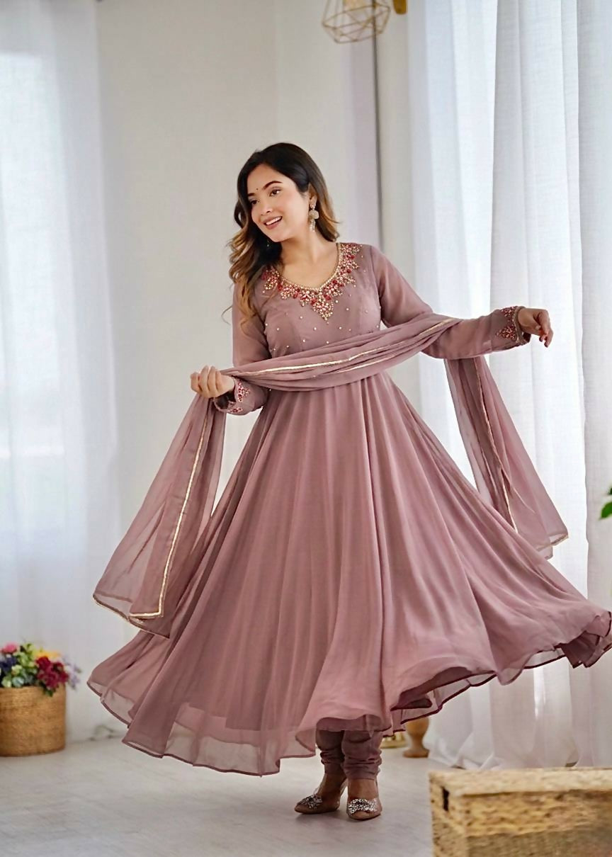 Teeya Creation Womens New Fancy Fox Georgette Heavy Quality Fabric With Handwork Gown Set