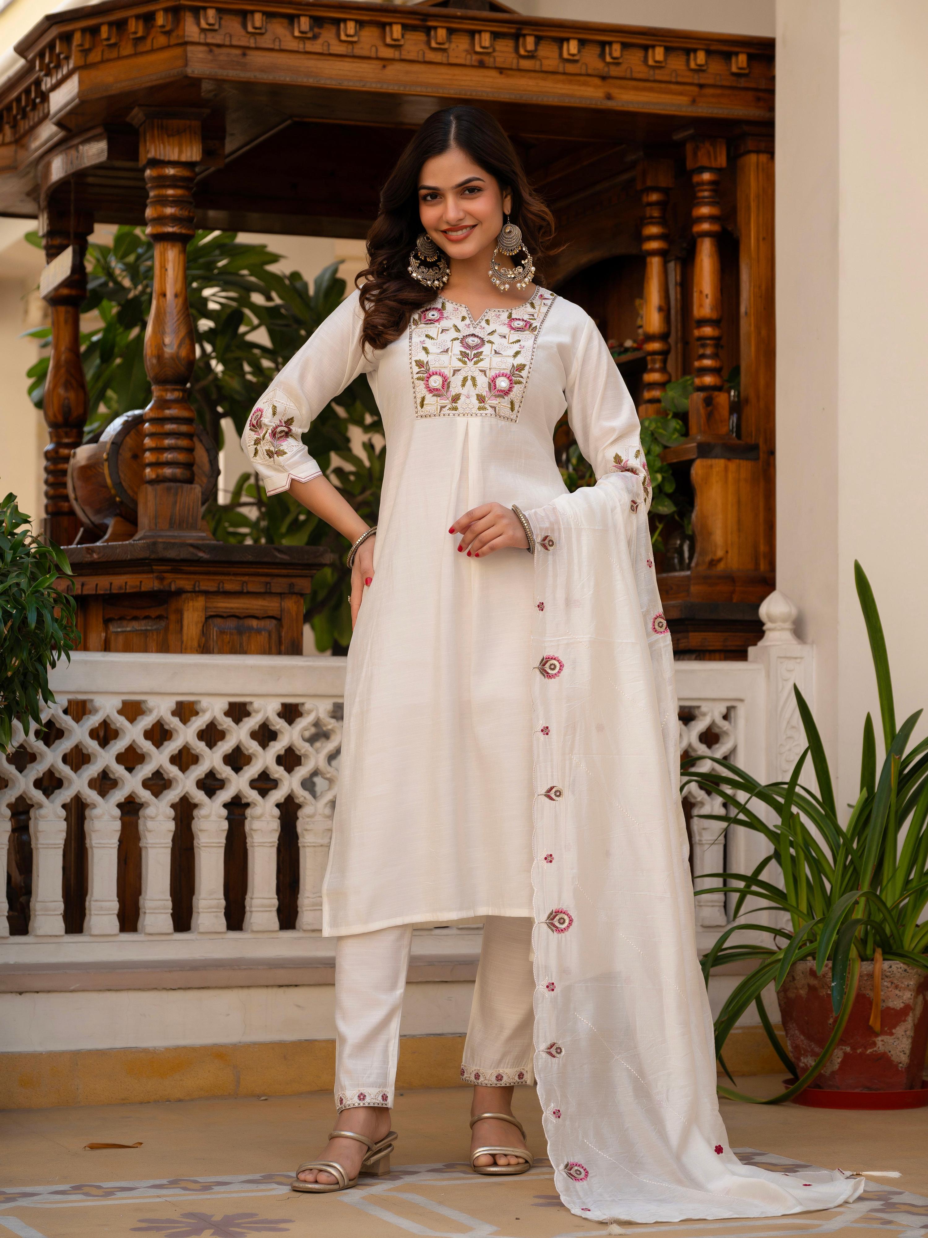 Pramukh Fab White Color Viscose Mango Silk Kurta Set