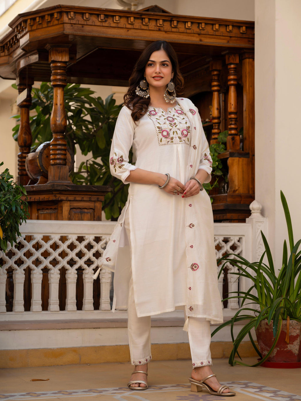 Pramukh Fab White Color Viscose Mango Silk Kurta Set