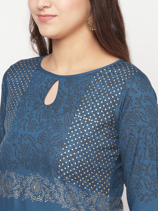 Aniyah Rayon Block Print Straight Blue Kurta