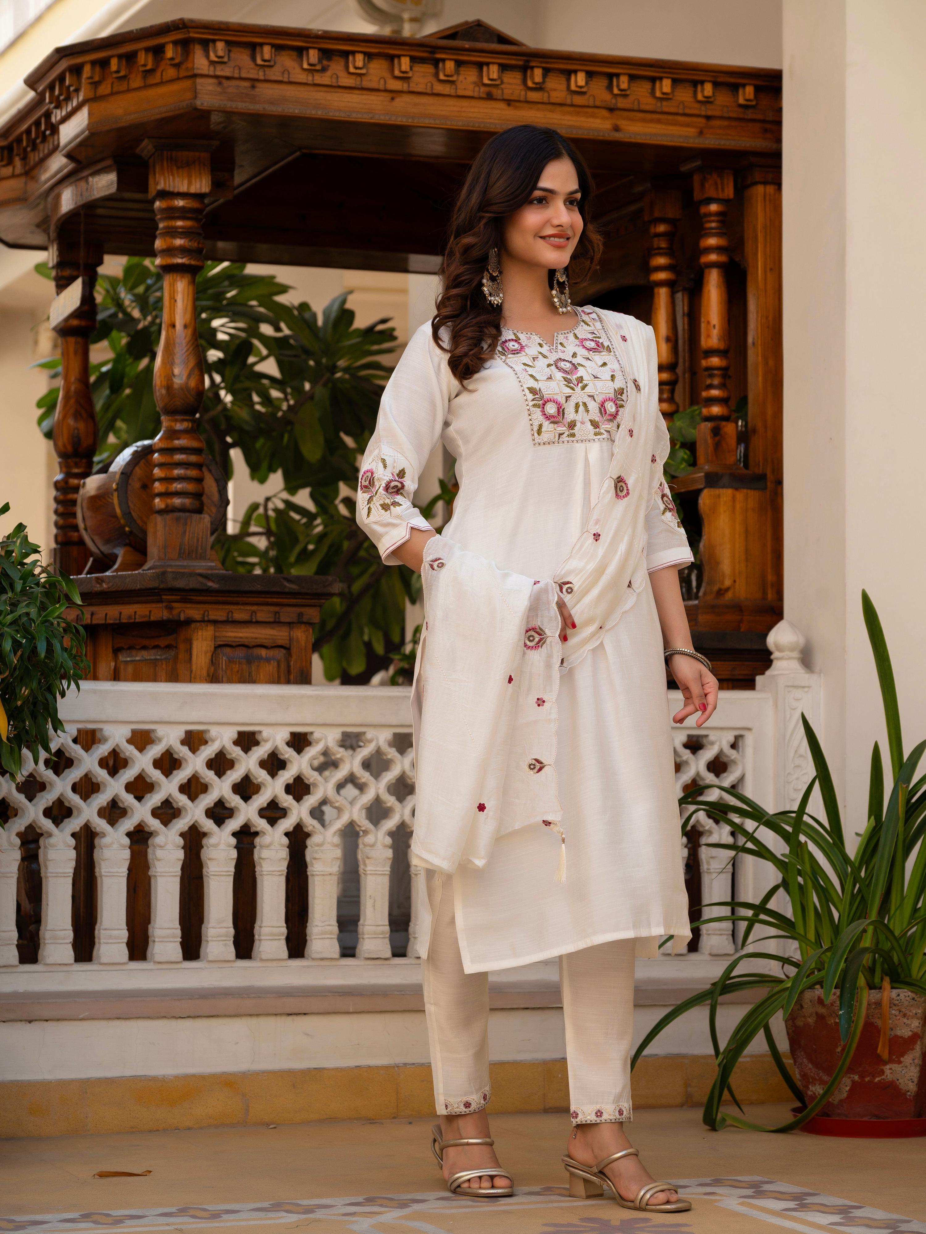 Pramukh Fab White Color Viscose Mango Silk Kurta Set