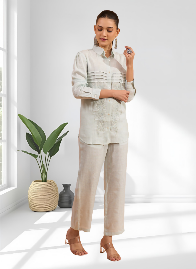 Joban Fashion Powder Blue Linen Embroidered Readymade Cord Set