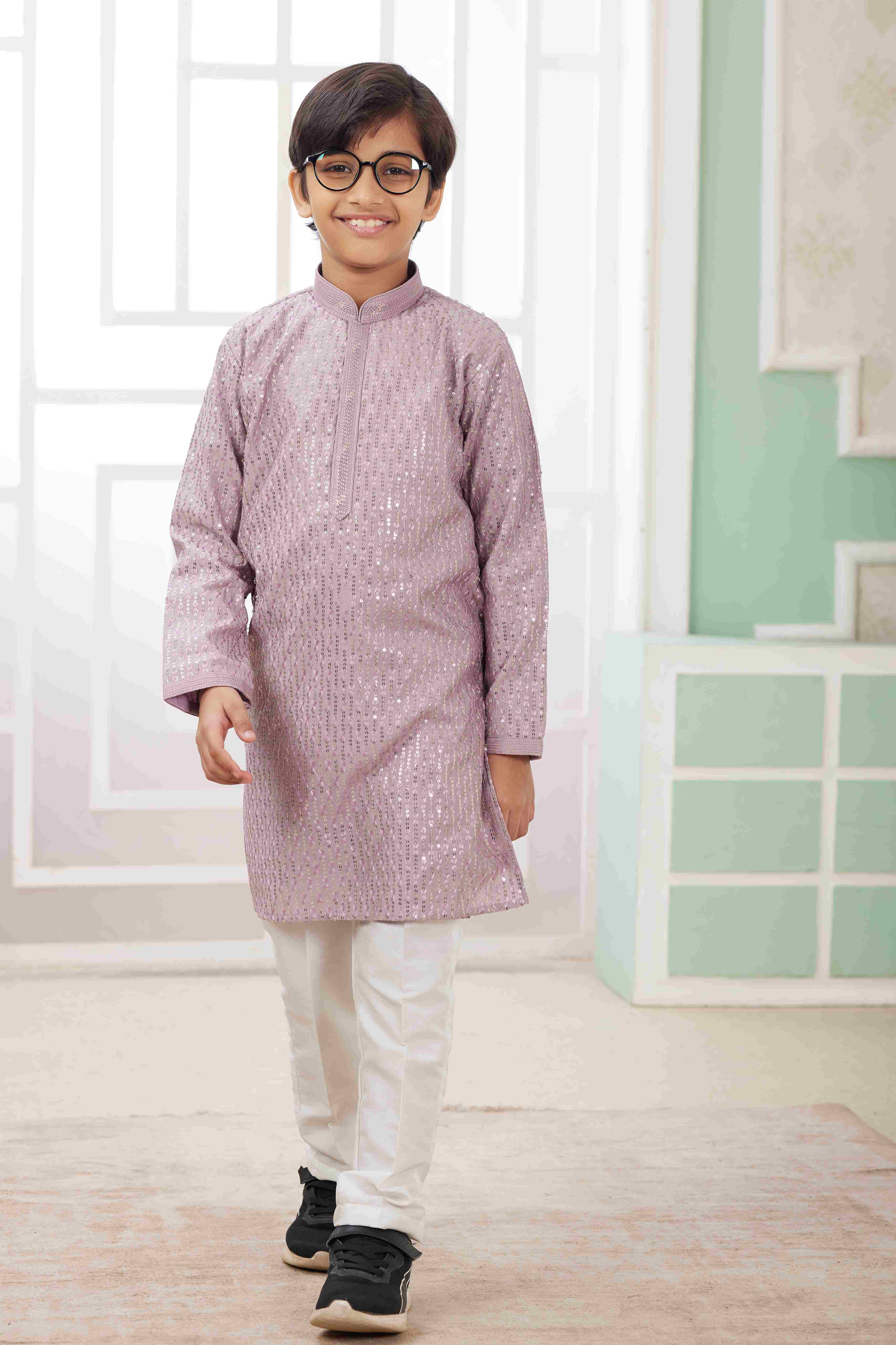 Raivat Ethnic Art Silk Embroidery Work Kids Kurta Pajama In Lilac Colour