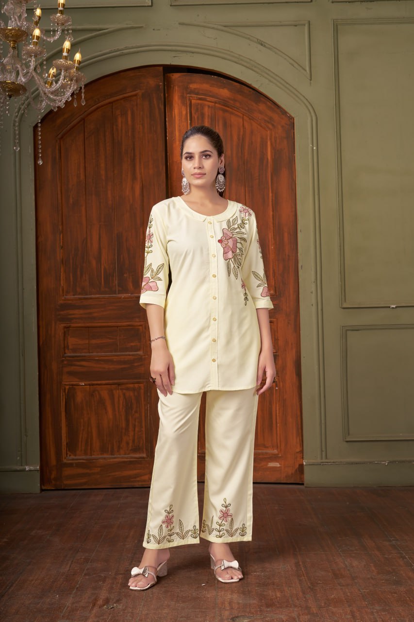 Pramukh Fab White Color Rayon Co-ords Set