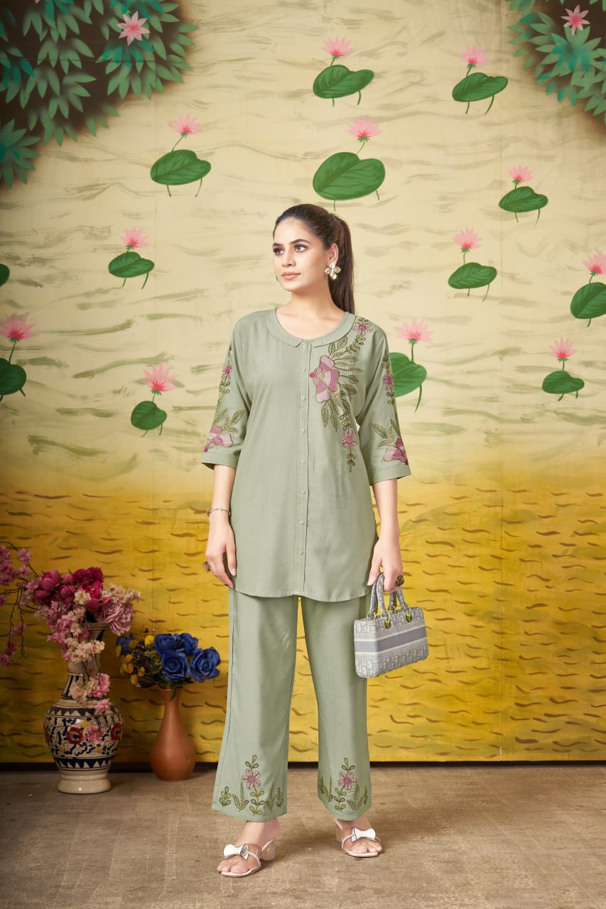 Pramukh Fab Olive Color Rayon Co-ords Set