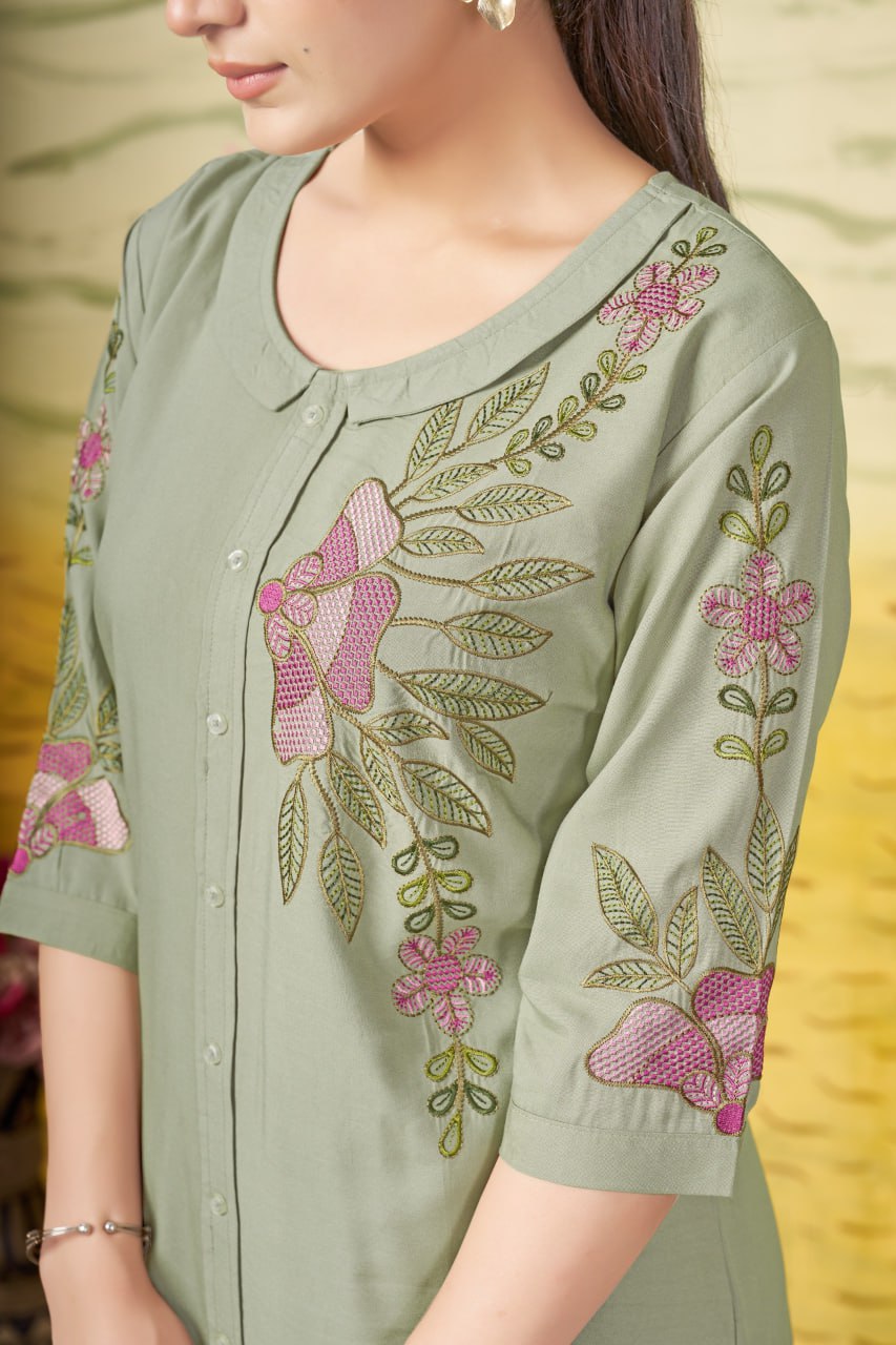 Pramukh Fab Olive Color Rayon Co-ords Set