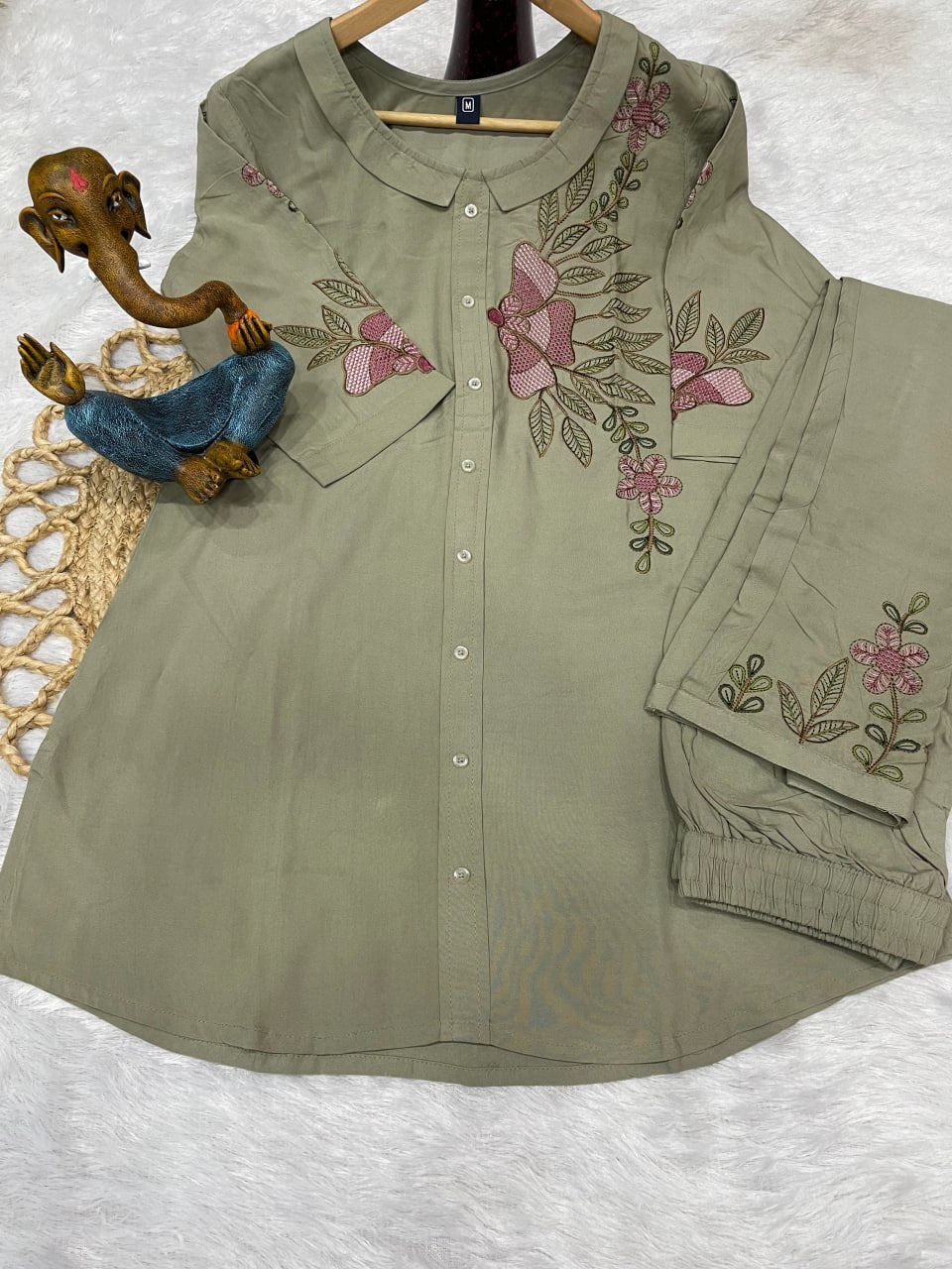 Pramukh Fab Olive Color Rayon Co-ords Set