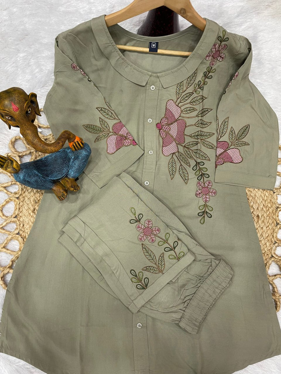 Pramukh Fab Olive Color Rayon Co-ords Set