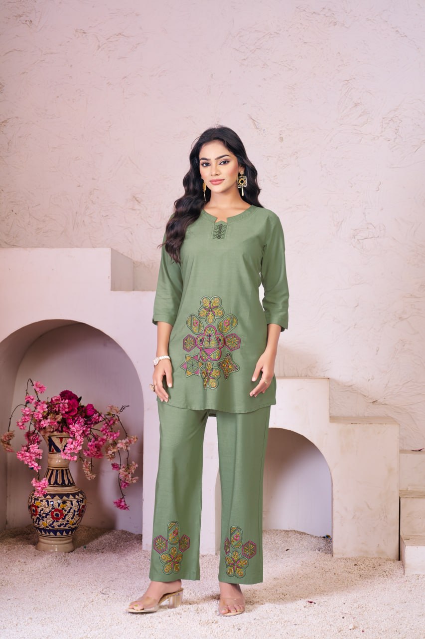 Pramukh Fab Olive Color Rayon Co-ords Set