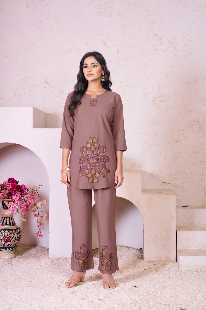 Pramukh Fab Coffee Color Rayon Co-ords Set