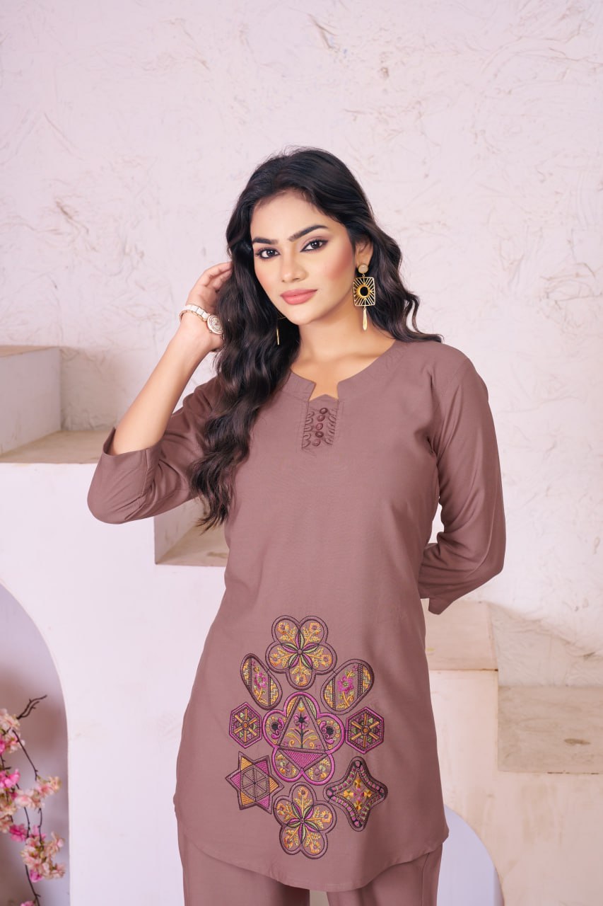Pramukh Fab Coffee Color Rayon Co-ords Set