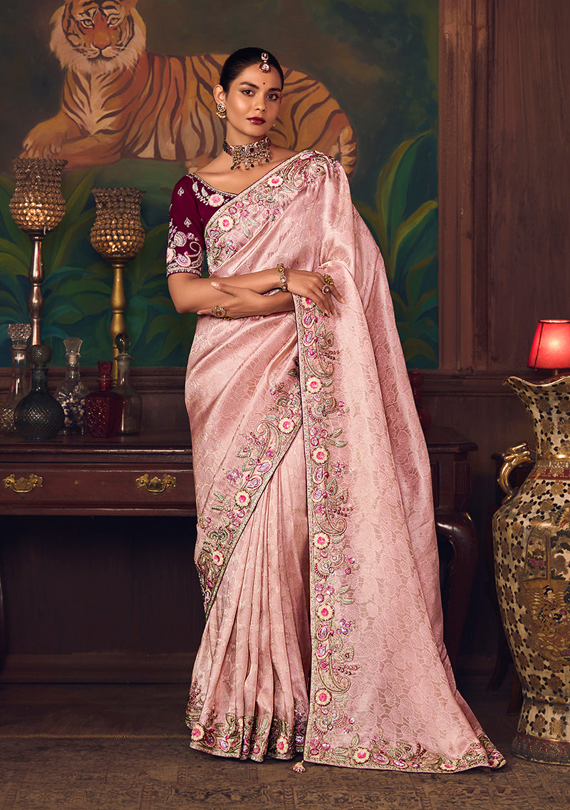 Monjolika Fashion Light Pink Zari Woven Silk Blend Embroidered Saree For Wedding Wear