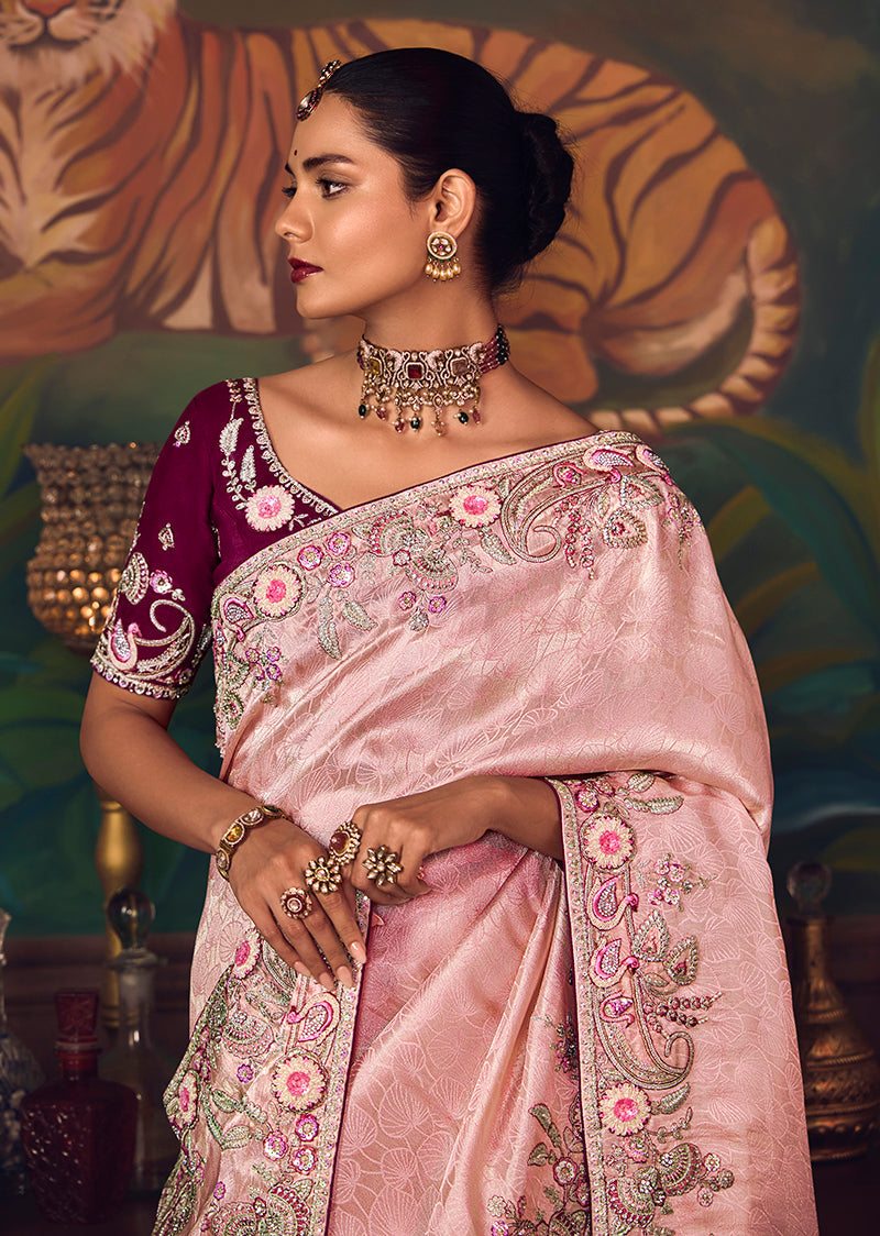 Monjolika Fashion Light Pink Zari Woven Silk Blend Embroidered Saree For Wedding Wear
