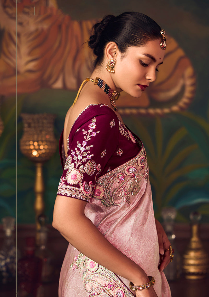 Monjolika Fashion Light Pink Zari Woven Silk Blend Embroidered Saree For Wedding Wear