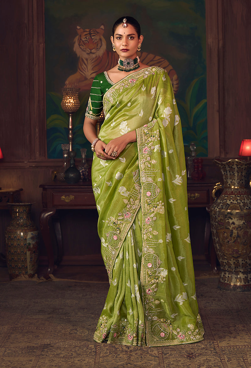 Monjolika Fashion Parrot Green Zari Woven Silk Blend Embroidered Saree For Wedding Wear