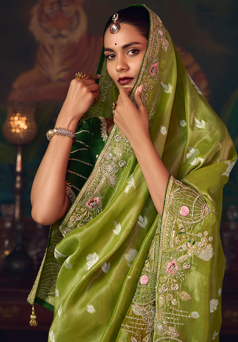 Monjolika Fashion Parrot Green Zari Woven Silk Blend Embroidered Saree For Wedding Wear